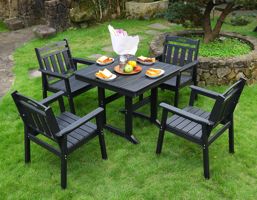 HDPE cathaoir itheacháin amuigh faoin aer 4 cathaoireacha + tábla cearnach atá leagtha backrest dubh ingearach